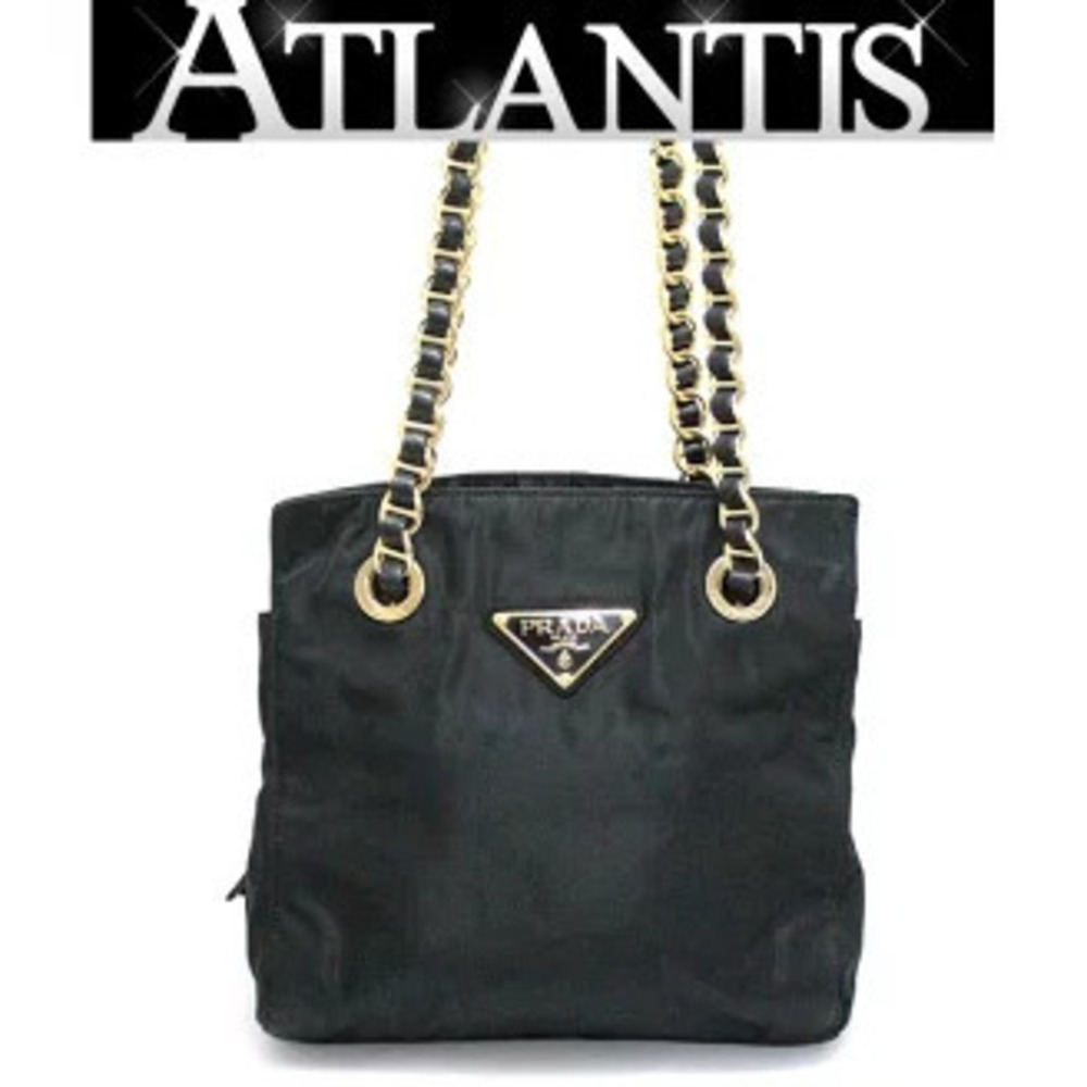 Prada Triangle Logo Chain Shoulder Bag Black Gold